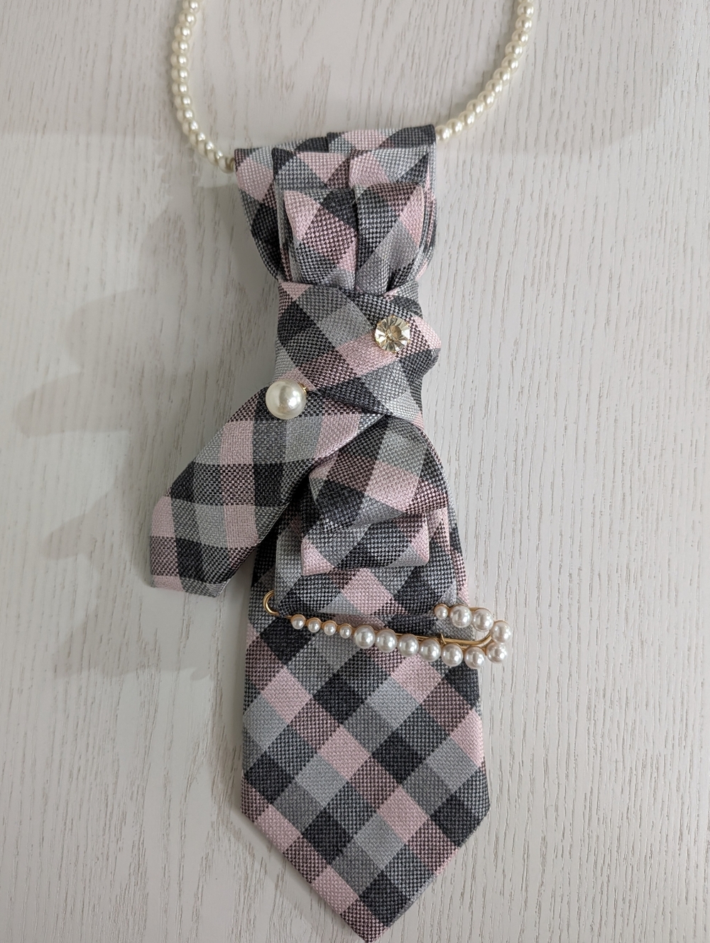 Pearl-Trim Pink & Gray Plaid Ribbon Necklace
Handmade